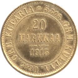 フィンランド大公国　20マルカ金貨 1913(S) 大公ニコライ2世(1894-1917)　準未使用品