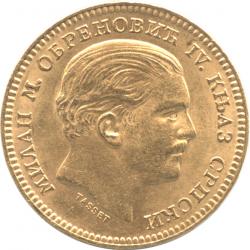 セルビア　20ディナール金貨　1879(A)　ミラン・オブレノヴィチ4世(1868-1889) 極美品+