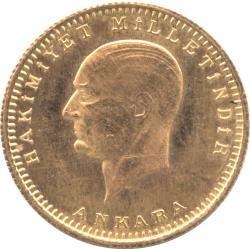トルコ　100クルシュ金貨　1923/43　初代大統領ムスタファ・ケマル・アタテュルク(任期1923ー1938)　未使用