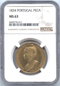 ポルトガル　1ペカ(6400レイス)金貨　1834　マリア2世(1834-1853)　NGC-MS63 準未使用～未使用品