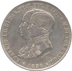 イタリア　パルマ　5リレ銀貨　1858　パルマ公・ロベルト1世(1854-1858)　極美品
