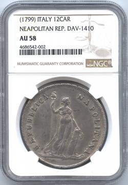 イタリア　パルテノペア共和国　12カルリーニ銀貨　AN7(1799)　NGC-AU58　準未使用～未使用品