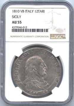 イタリア　シチリア　12タリ銀貨　1810　フェルディナンド3世(1799-1810)　NGC-AU55　極美品