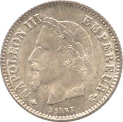 フランス　20サンチーム銀貨　1867(A)　ナポレオン3世(1852-1870)　月桂冠　完全未使用