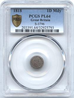 イギリス　1ペニー銀貨　1818　ジョージ3世(1760-1820)　PCGS-PL64 プルーフライク・未使用品+